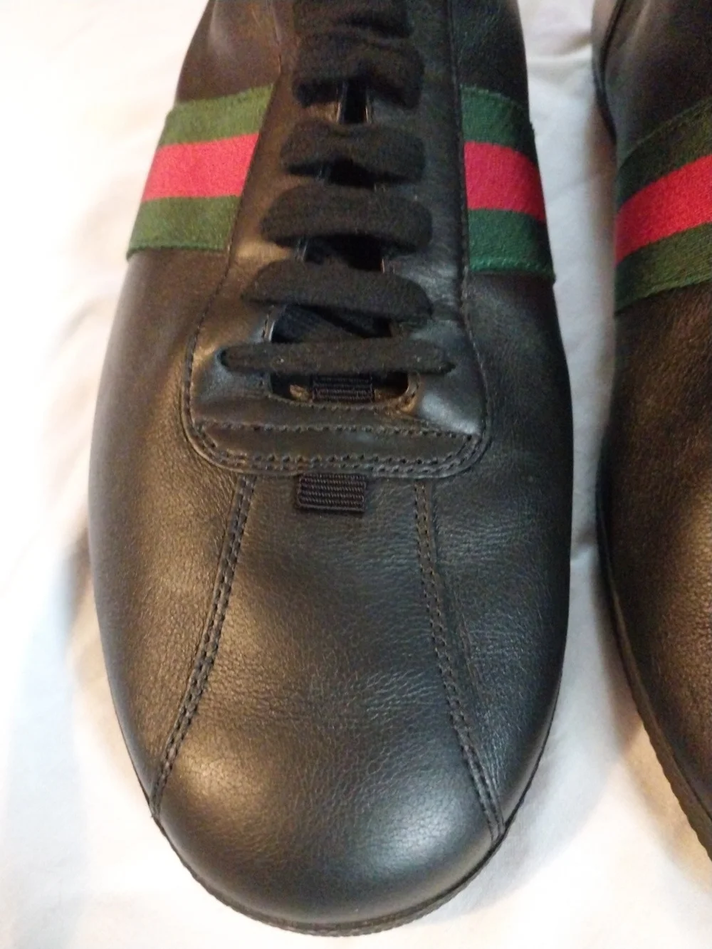 Gucci Black Leather High-Top Sneakers with Red & Green Web Stripe Size 12